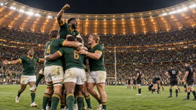 AI-generated editorial scene of an anonymous South African rugby team celebrating a win at the calabash stadium