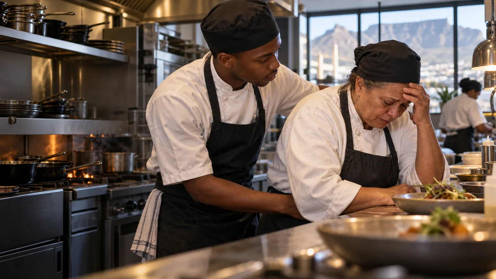 AI-generated editorial scene of two anonymous South African chefs supporting one another
