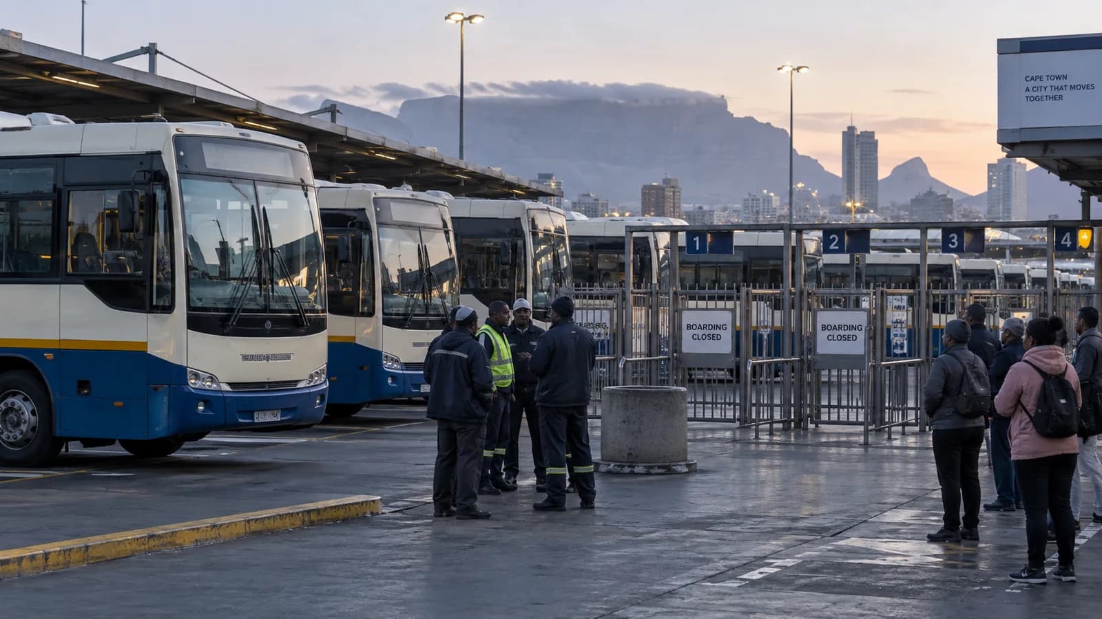 AI-generated editorial view of commuter buses and possible service disruption at a Cape Town depot