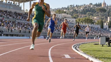 AI-generated editorial scene of an anonymous South African junior 400-metre runner racing from lane one