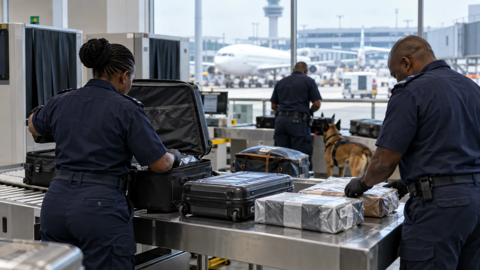 AI-generated restrained editorial scene of customs officers inspecting luggage at OR Tambo airport