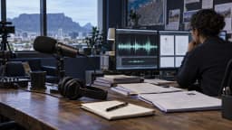 AI-generated editorial scene of a Cape Town podcast claim being checked against source documents