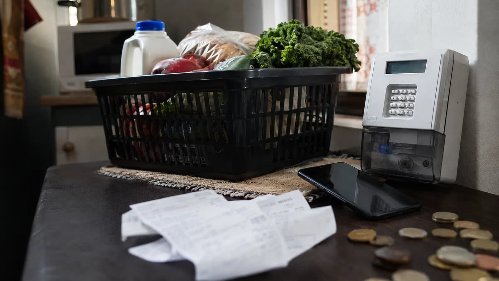 AI-generated editorial scene of household shopping, electricity and accumulating fees