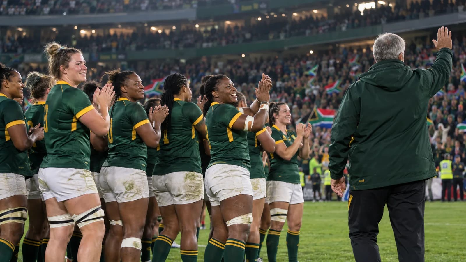 AI-generated editorial scene of an anonymous South African women’s rugby squad marking a coach’s departure