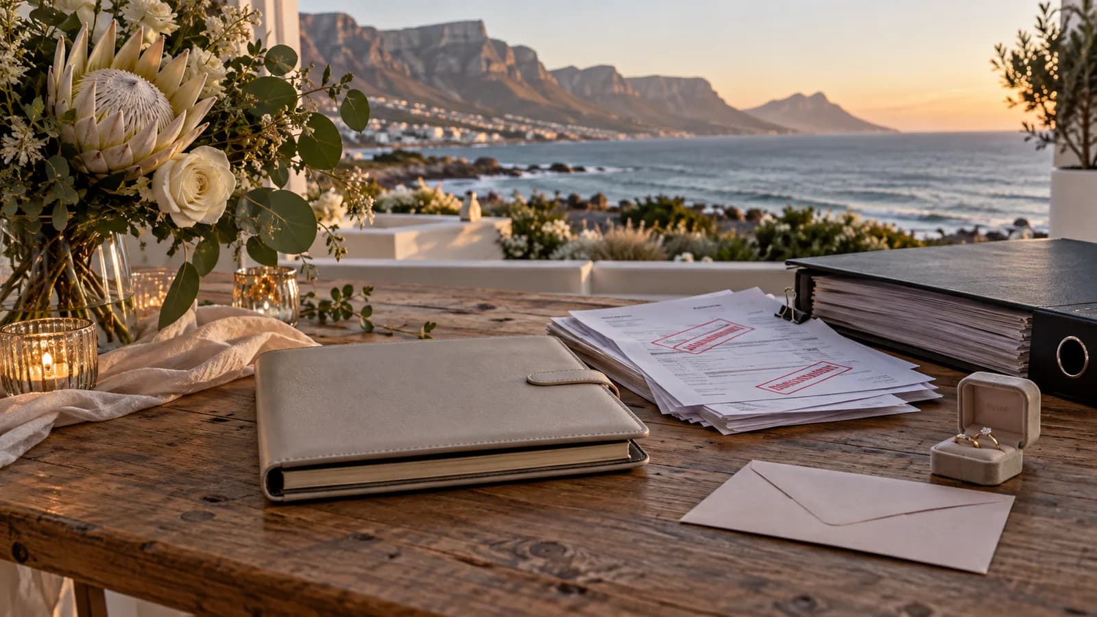 AI-generated symbolic accountability scene of a wedding-planning desk and cancelled paperwork
