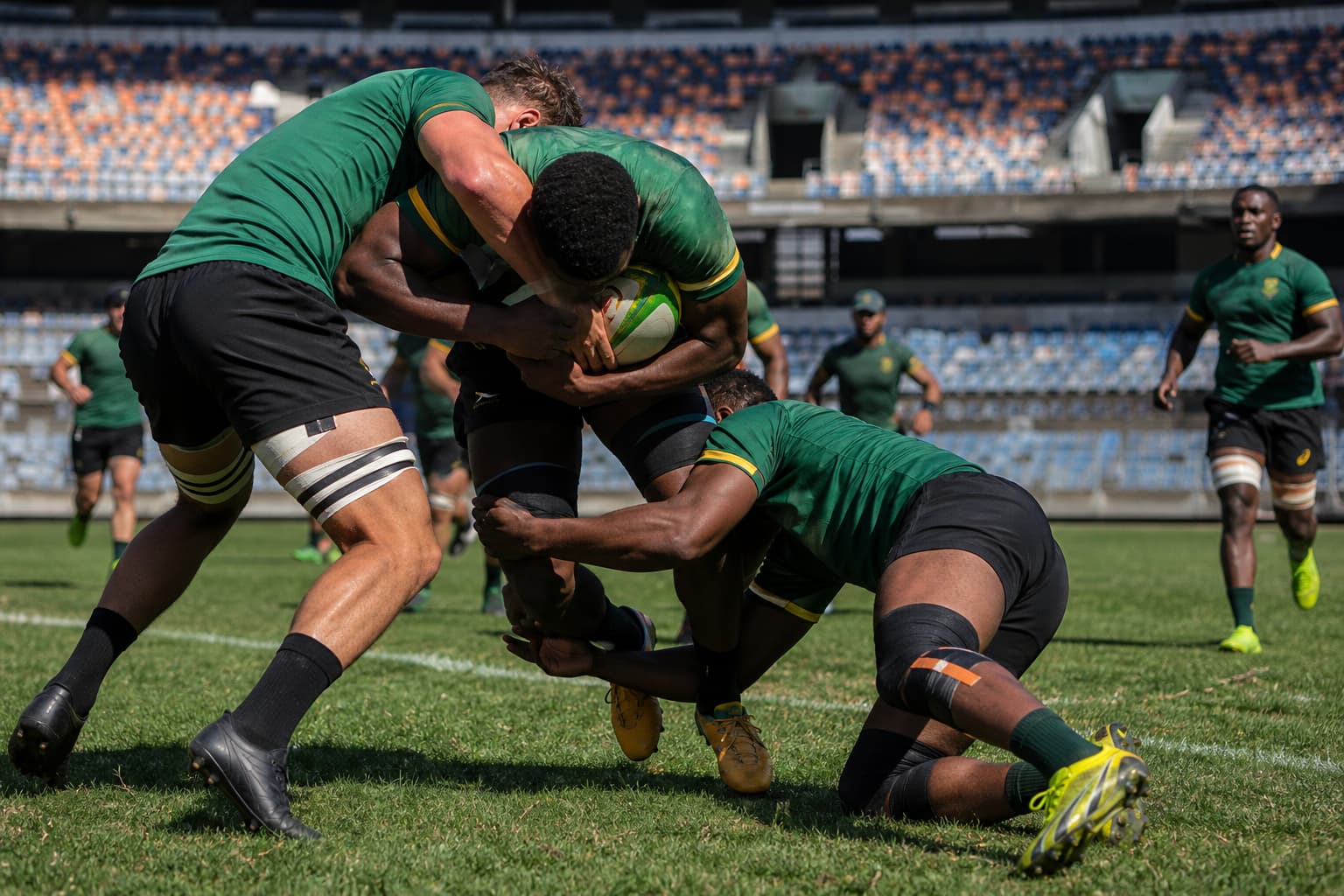 AI-generated editorial illustration for Butch James backs Sacha Feinberg-Mngomezulu to lead, with Handré Pollard still in the Springbok mix